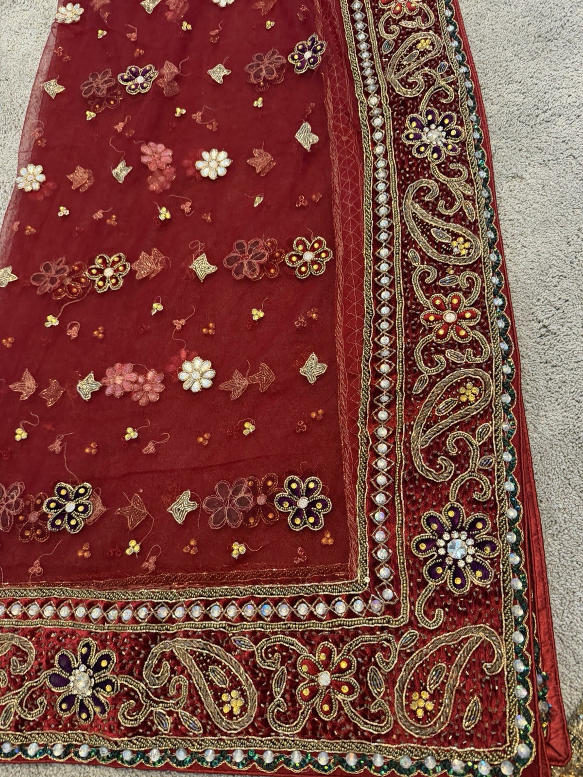 Embroidered Choli Set for Women Red Gold Multi-Color Skirt Dupatta Beads Sequins