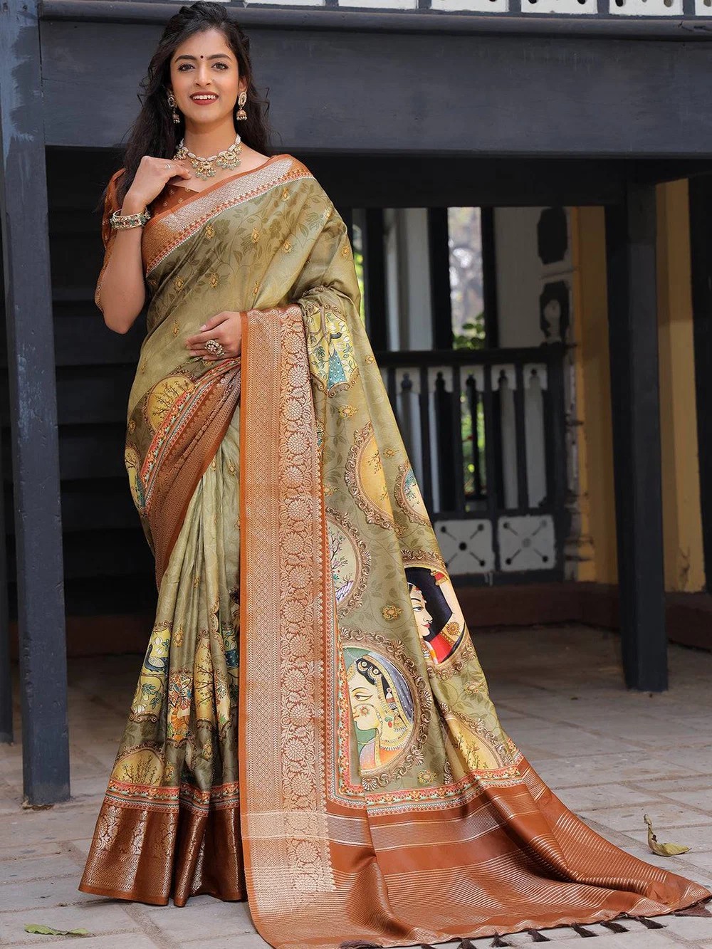 Women Saree Pure Viscose Dola Silk With Zari Work Olive Green Color With Blouse