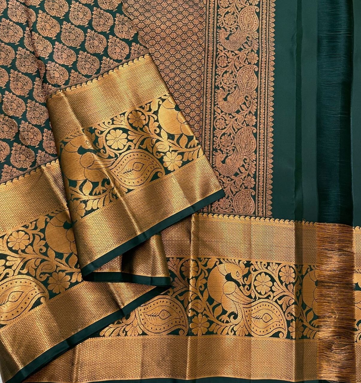Areca Designer Copper Leaf Green Silk saree blouses women Saree Cut – 5.5 Meter
