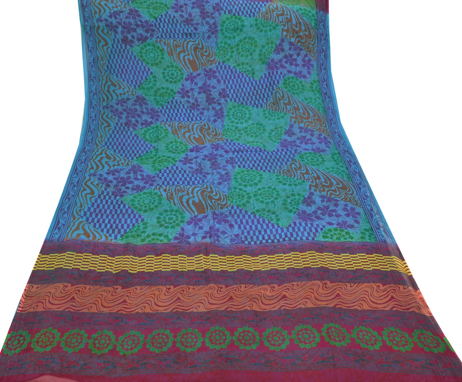Indian Vintage Sari Blue & Purple Pure Chiffon Silk Printed Sarees Craft Fabric