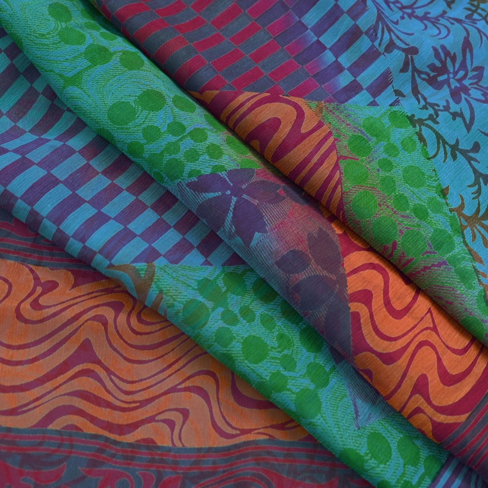 Indian Vintage Sari Blue & Purple Pure Chiffon Silk Printed Sarees Craft Fabric