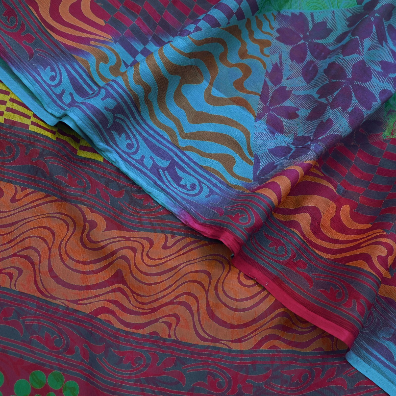 Indian Vintage Sari Blue & Purple Pure Chiffon Silk Printed Sarees Craft Fabric