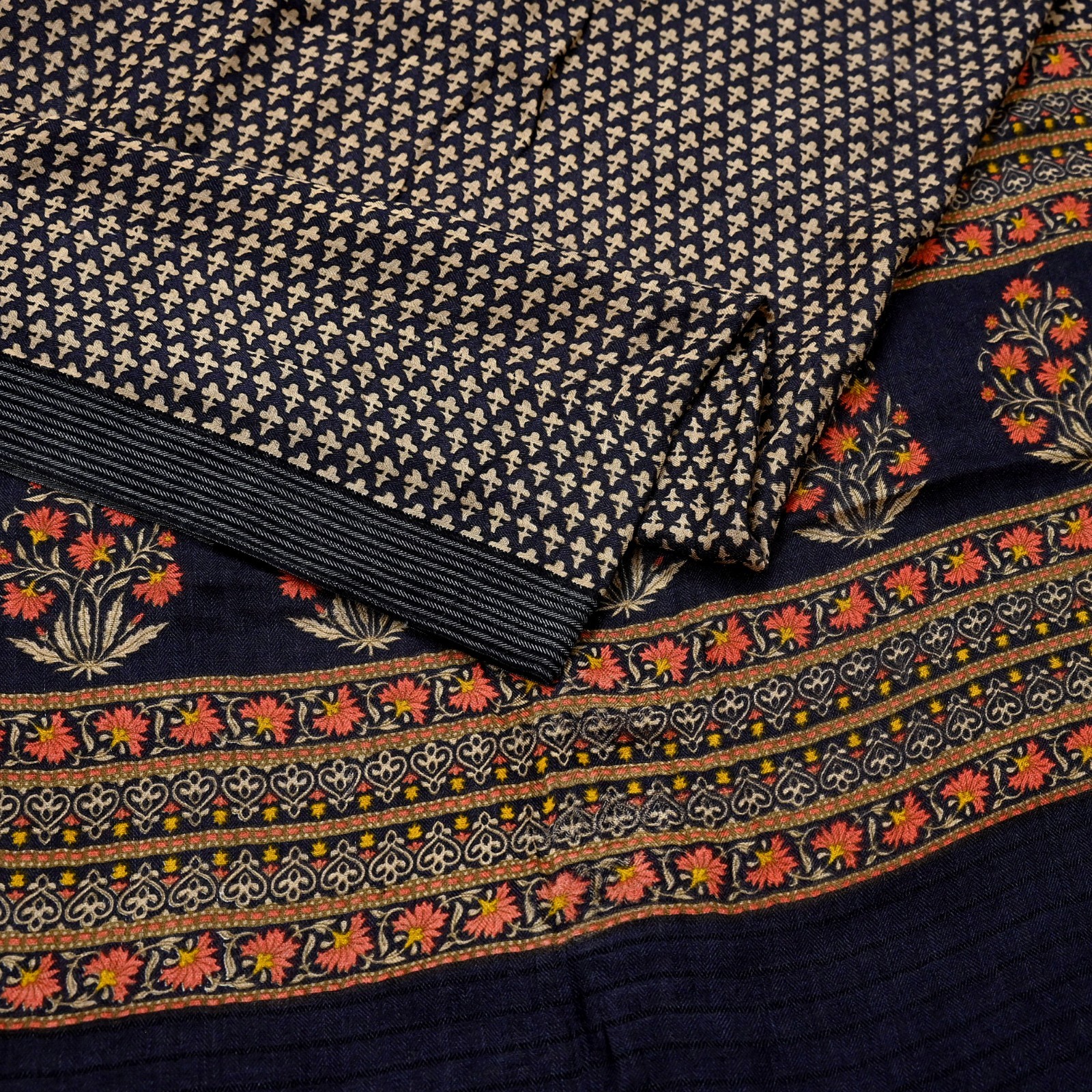 Vintage Black & Beige Saree Pure Woolen Woven Printed Sari Warm Craft Fabric 5Yd