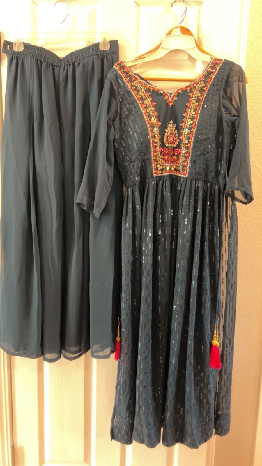 Indian Women’s Dress Mid Sleeve with Plaza pants Blue Gold and Pink