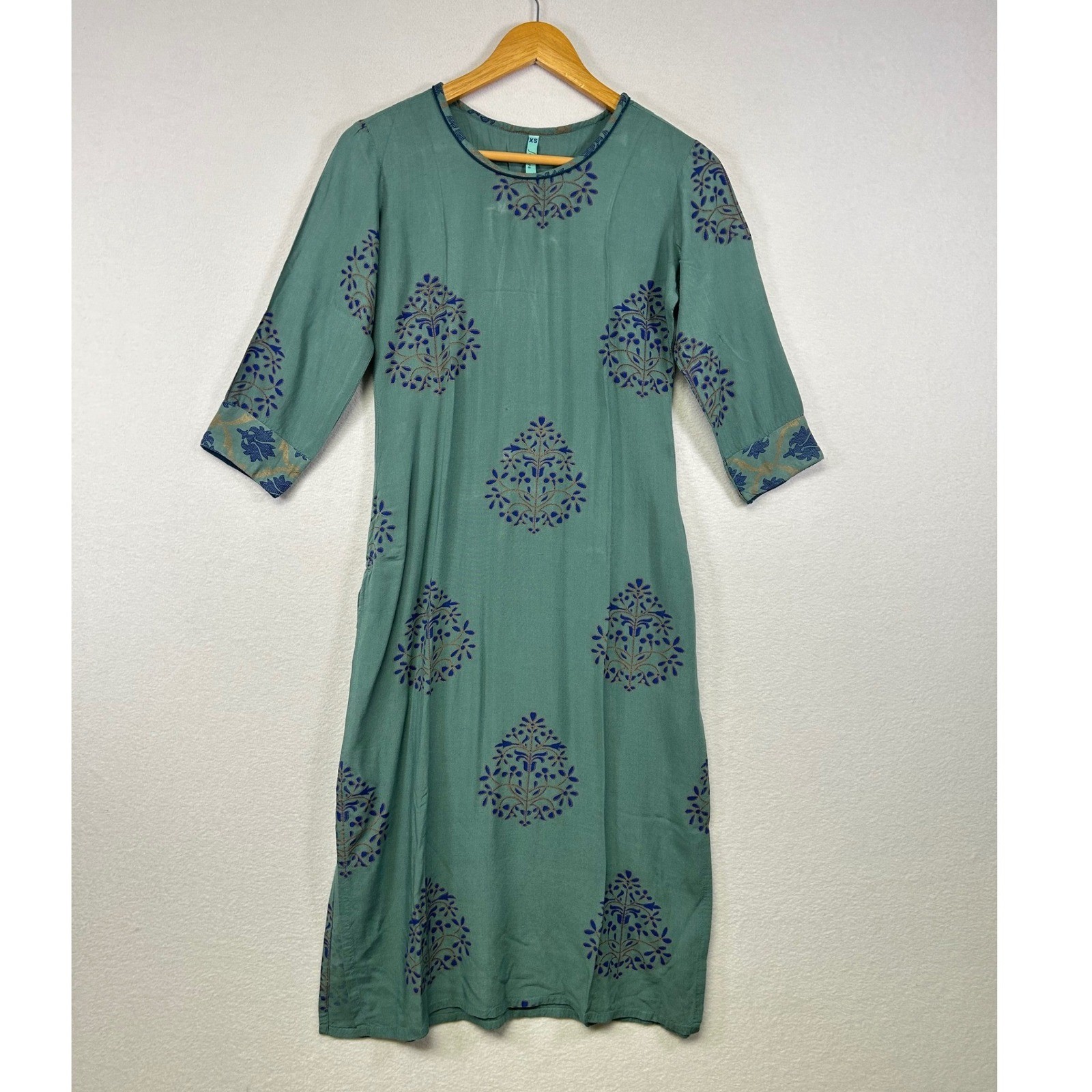 Janasva Teal Blue Block Print Kurta Dress Women’s XS Three Quarter Sleeve