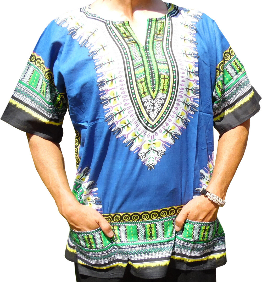 Mens BLUE Dashiki Shirt African Blouse Top Rap Rapper ~ FAST SHIPPING