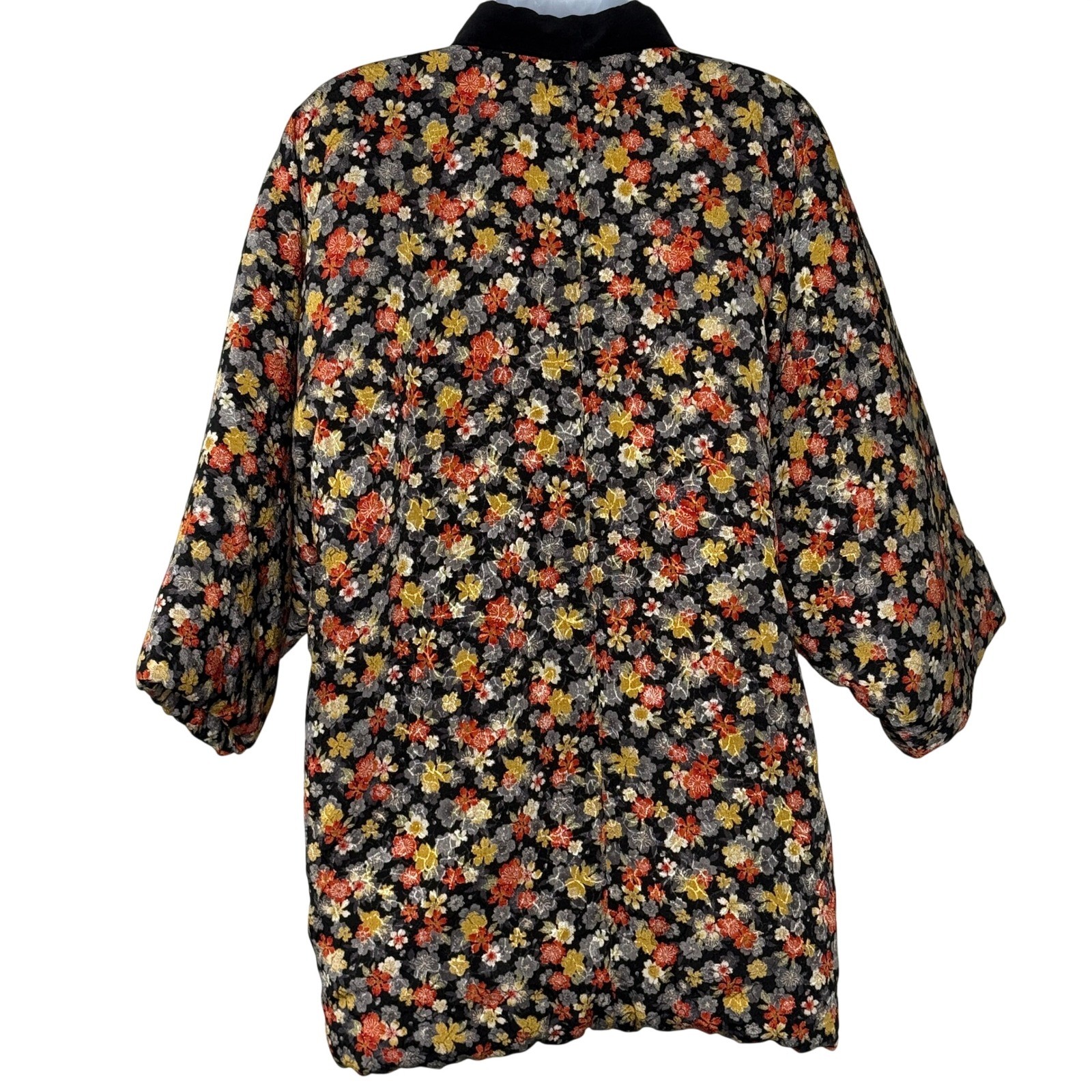 Vintage Japanese Quilted Kimono Jacket Black Velvet Trim Womens Medium Large