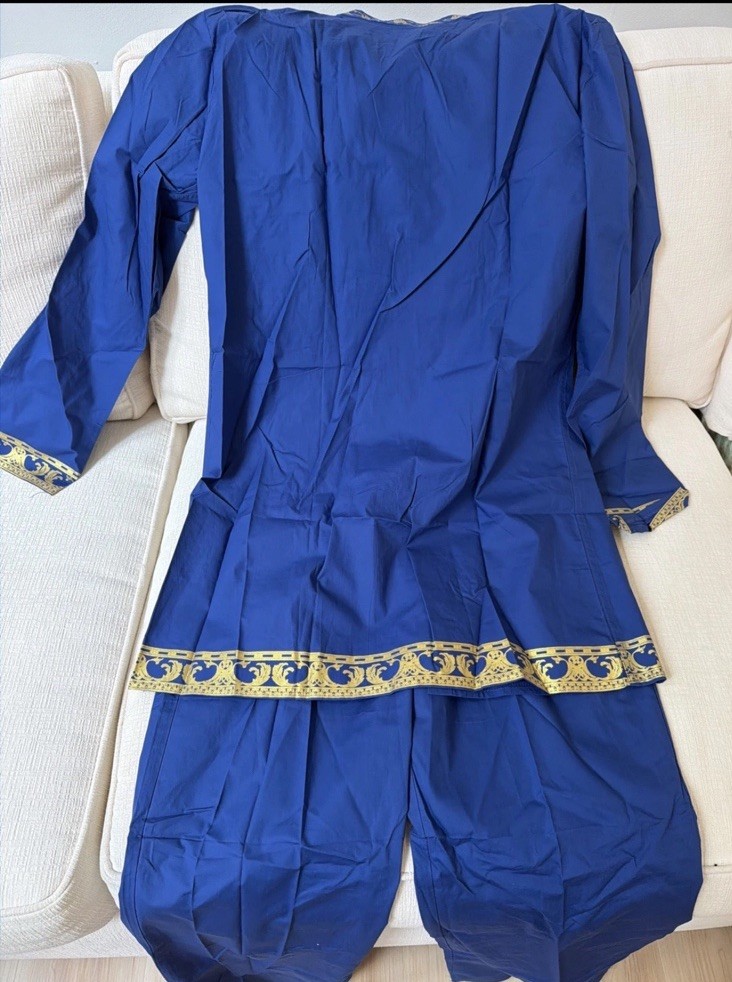 African Dashiki Outfit –Navy Blue/Gold Long Shirt & Pants Set, Medium, Men’s
