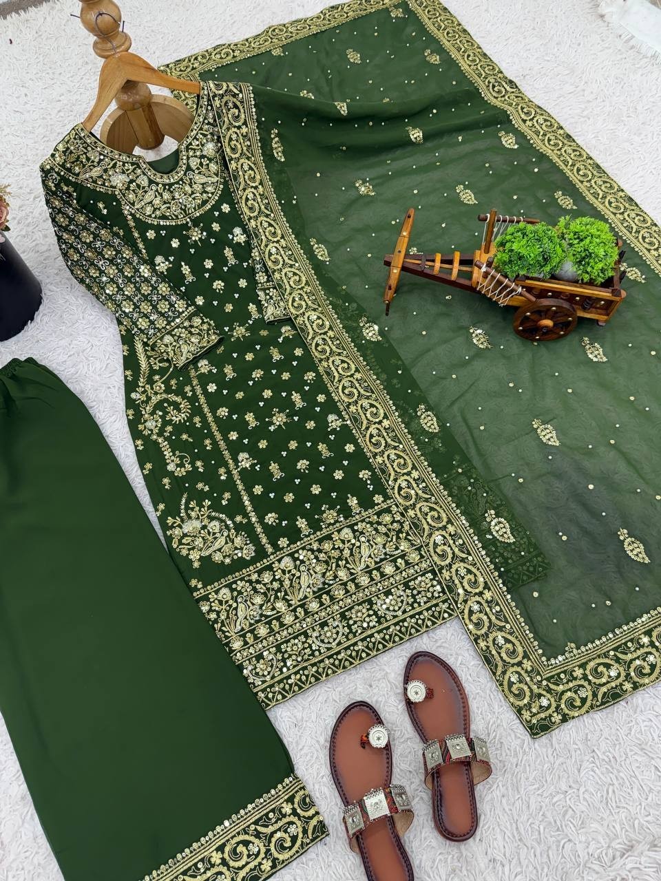 Fancy Designer Heavy Georgette Green Palazzo Suit And Dupatta For Function Wear