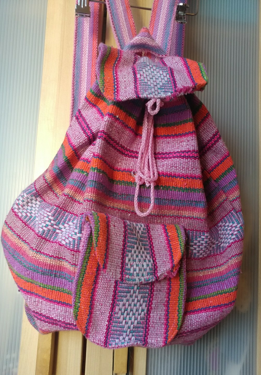 WOVEN Inca-Style Pink & Orange Striped Backpack