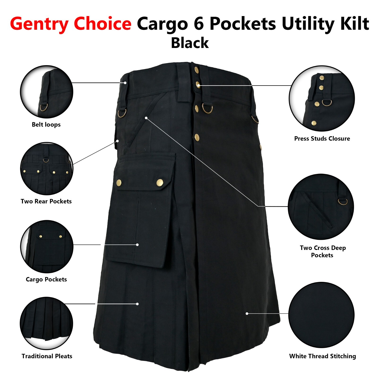 Utility Cargo Kilt Black with 6 Pockets Scottish Kilt Highlander Outfit Trendy