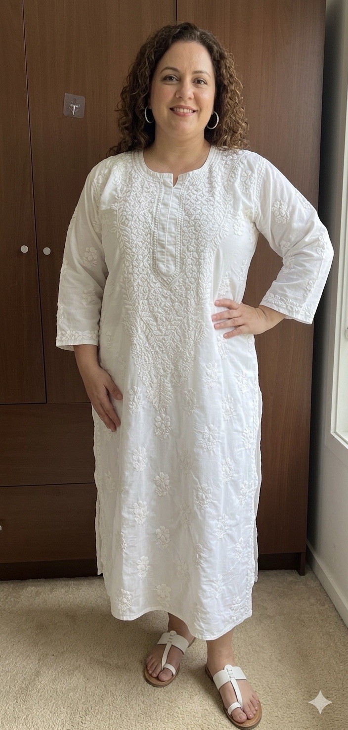 womens white lucknowi chikankari kurta embroidered XL 16W summer kameez