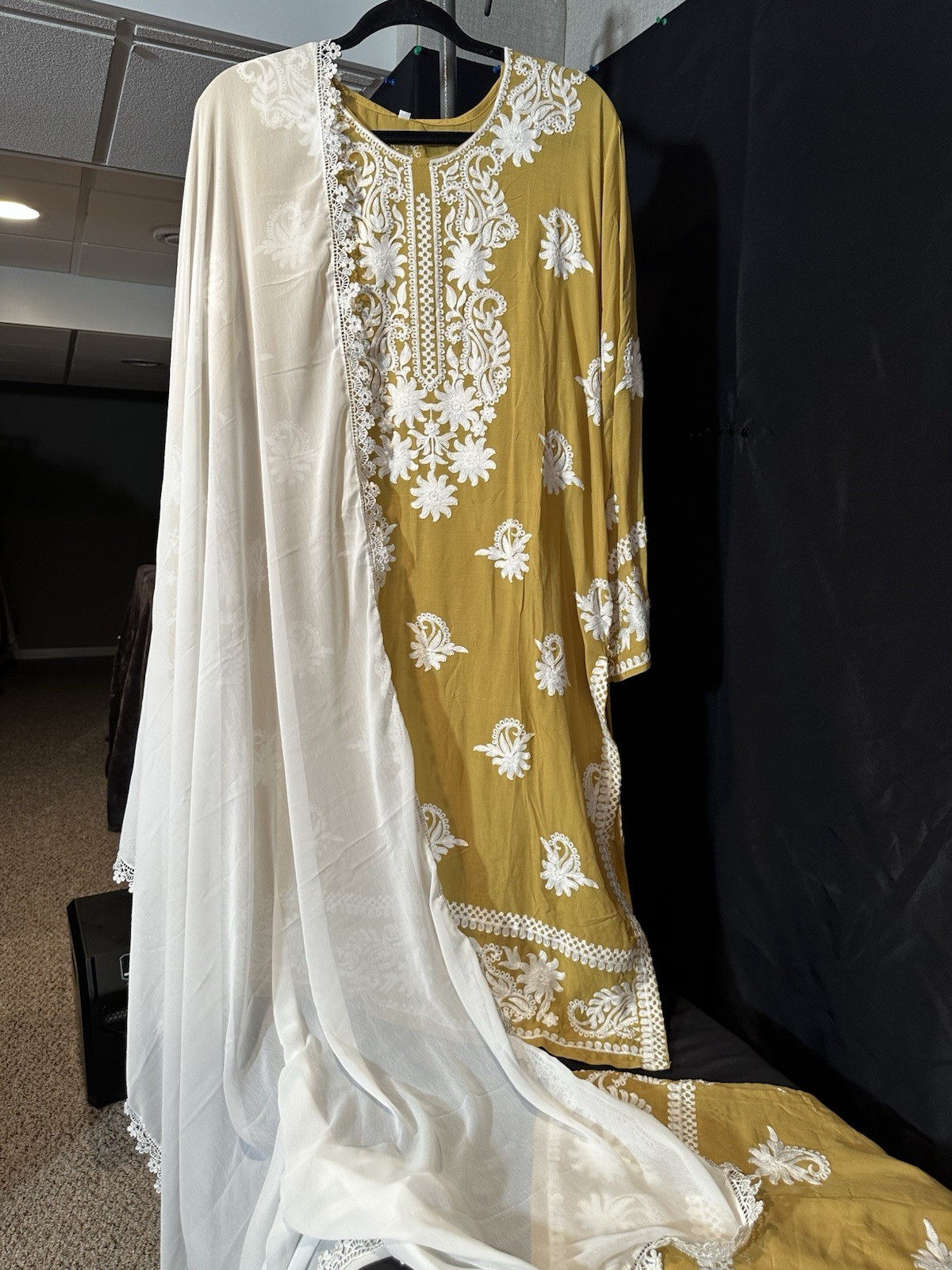 Beautiful soft linen Front & back emb-3 pc suit-emb plazo, laced dupatta-$40