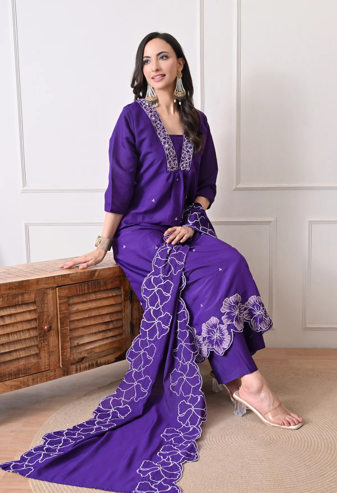 Stunning 3-Piece Royal Purple Festive Kurta Pant Suit Outfit Set
