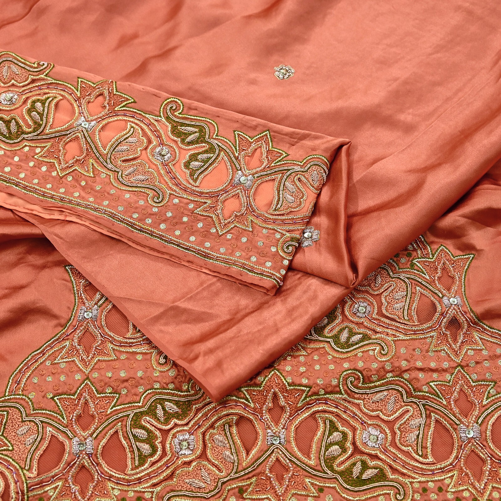 Vintage Heavy Peach Sari Hand Embroidered Saree Pure Satin Silk 5yd Ethnic Dabka