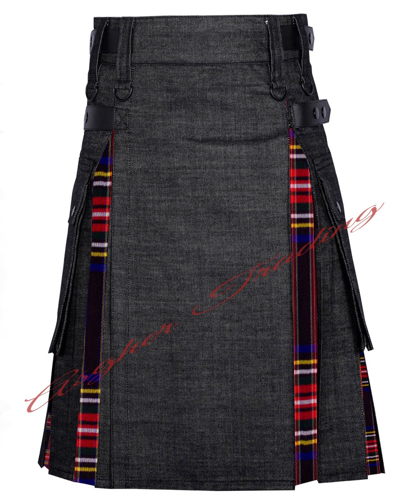 New Scottish Black Denim With Black Stewart Tartan Hybrid Utility Kilt For Men