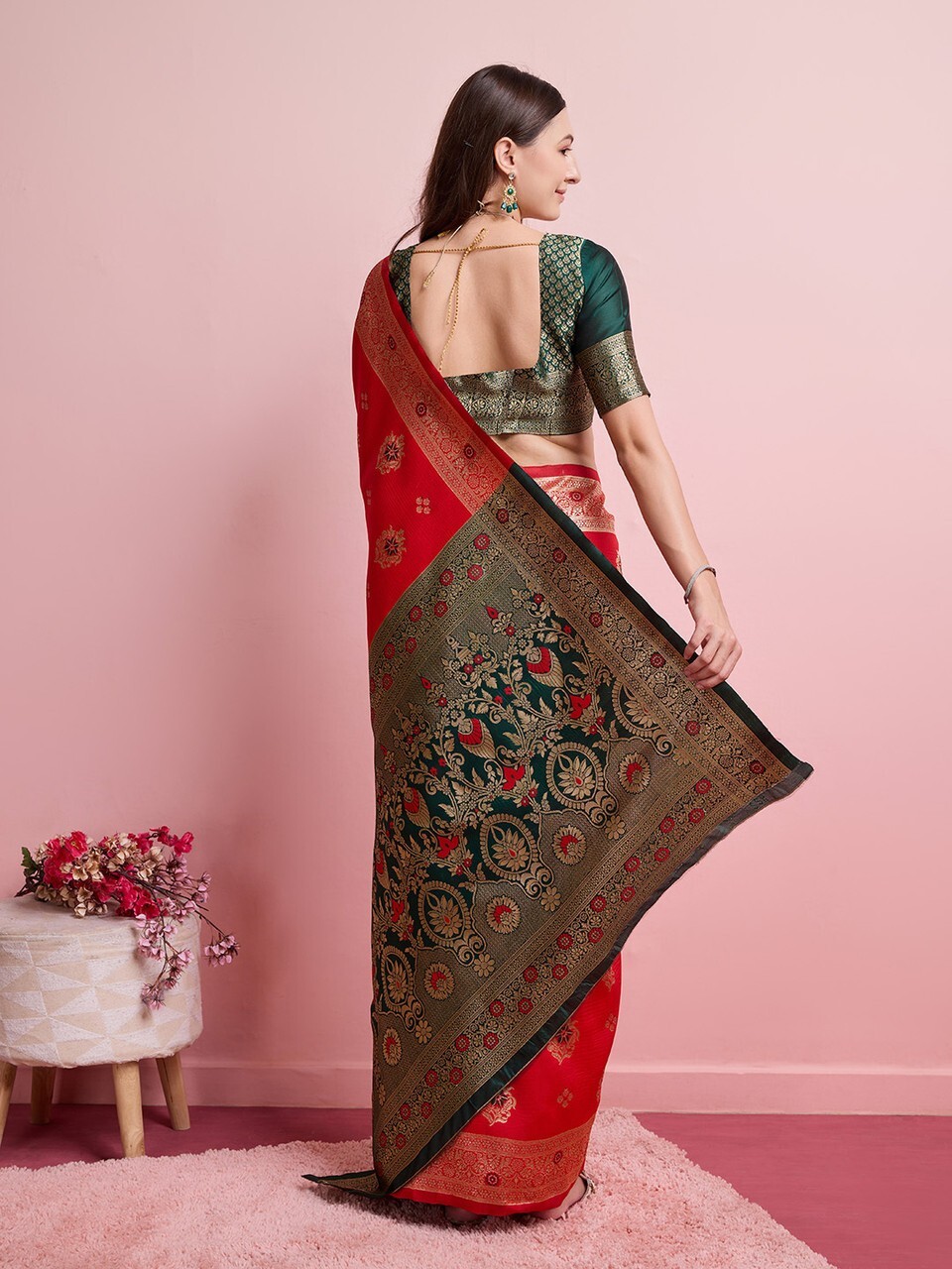 Digital Print Banarasi Silk Blend Saree (Red)
