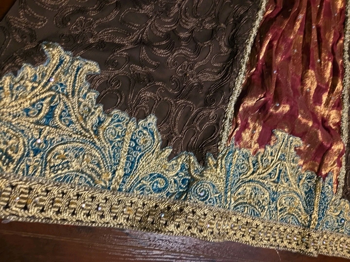 Womens Pakistani Long Embroidered Shirt Brown Green Red Banarsi Golden Tussle