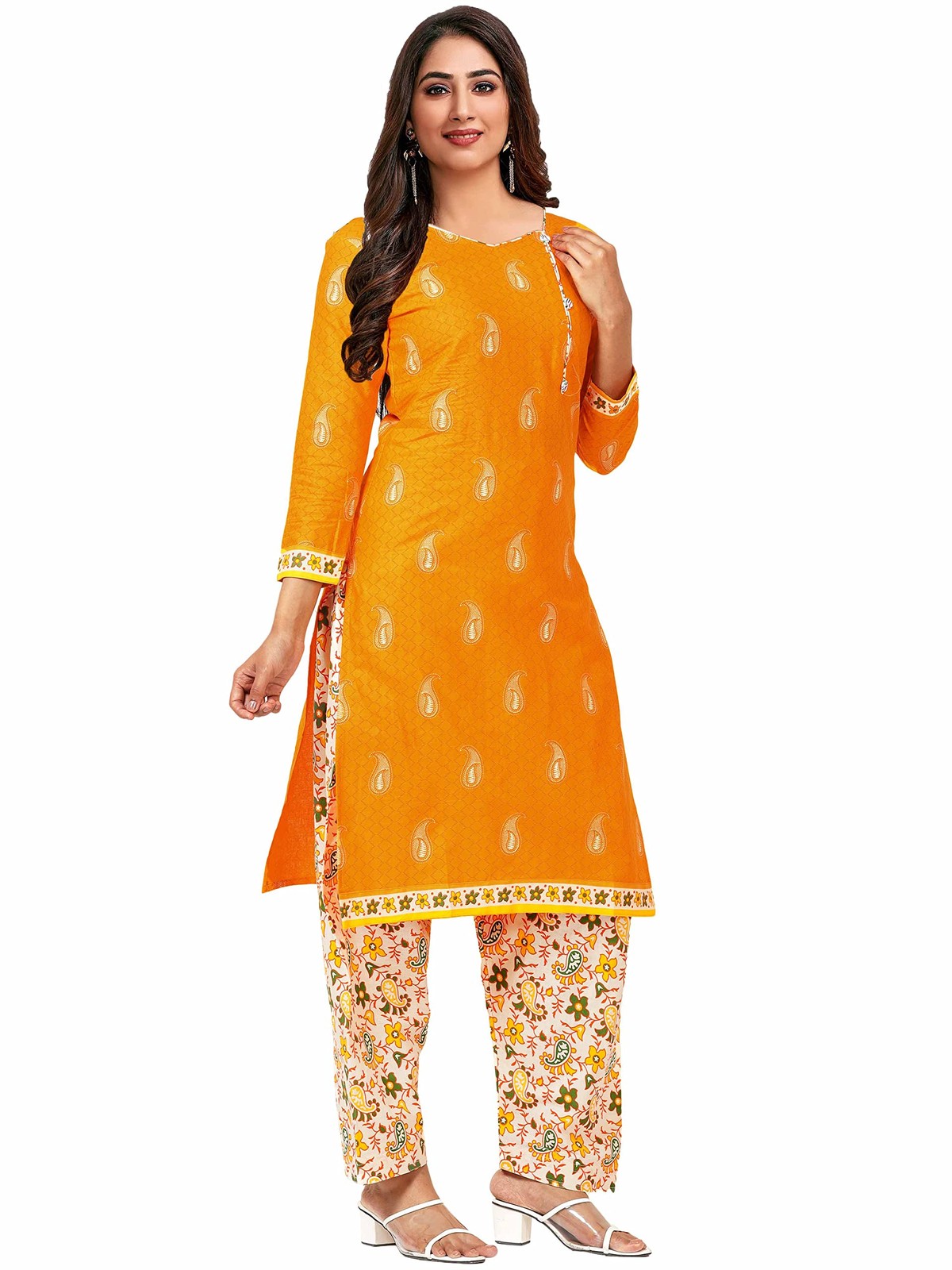 Miraan Women Cotton Unstitched Patiyala Dress Material (SG118,Yellow,Free Size)
