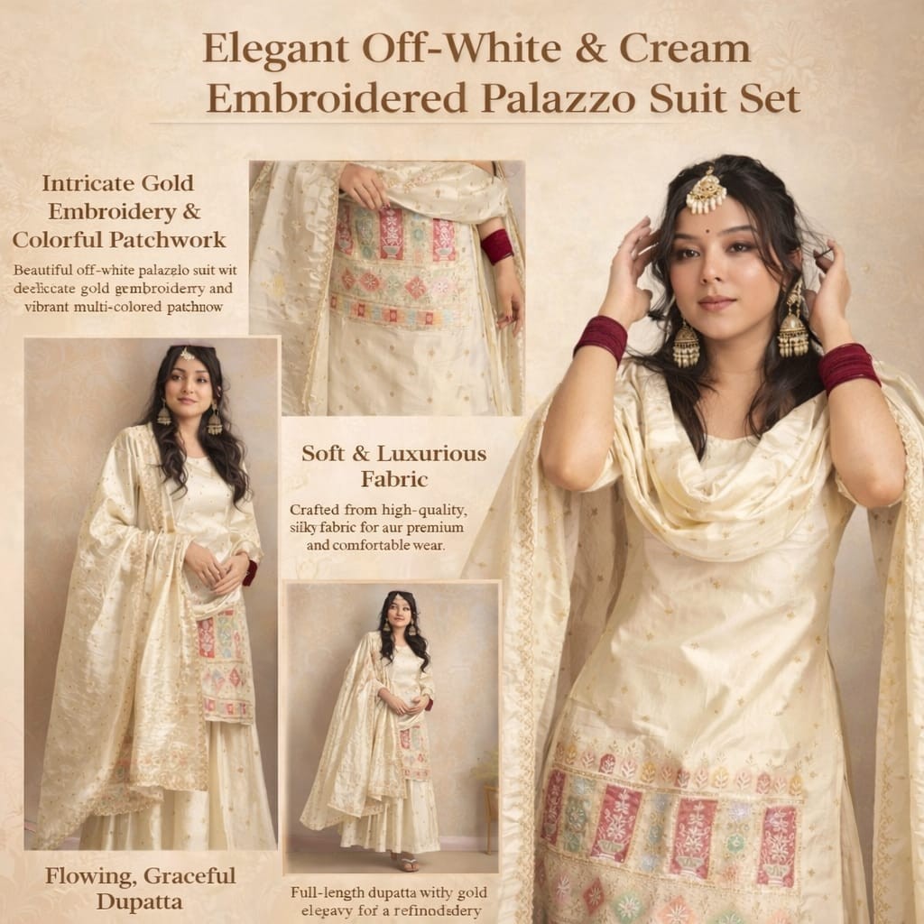 Women Ethnic Motifs Embroidered Salwar Suit Set with Sharara and Dupatta, Off Wh