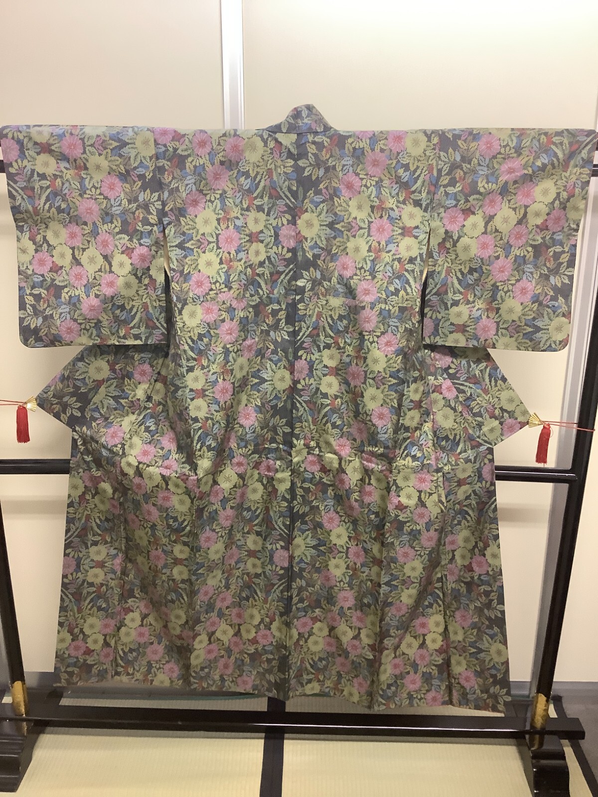 Japanese Vintage Kimono Polyester Black Flower Expensive Dirt Height 59.05in