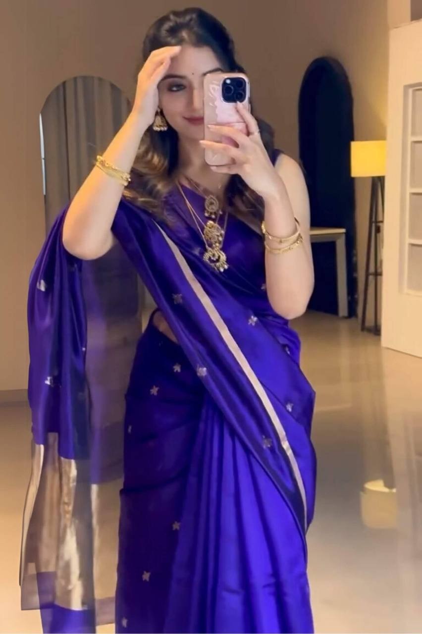 Royal Purple Lichi Silk Saree with Silver Zari Border & Rich Pallu