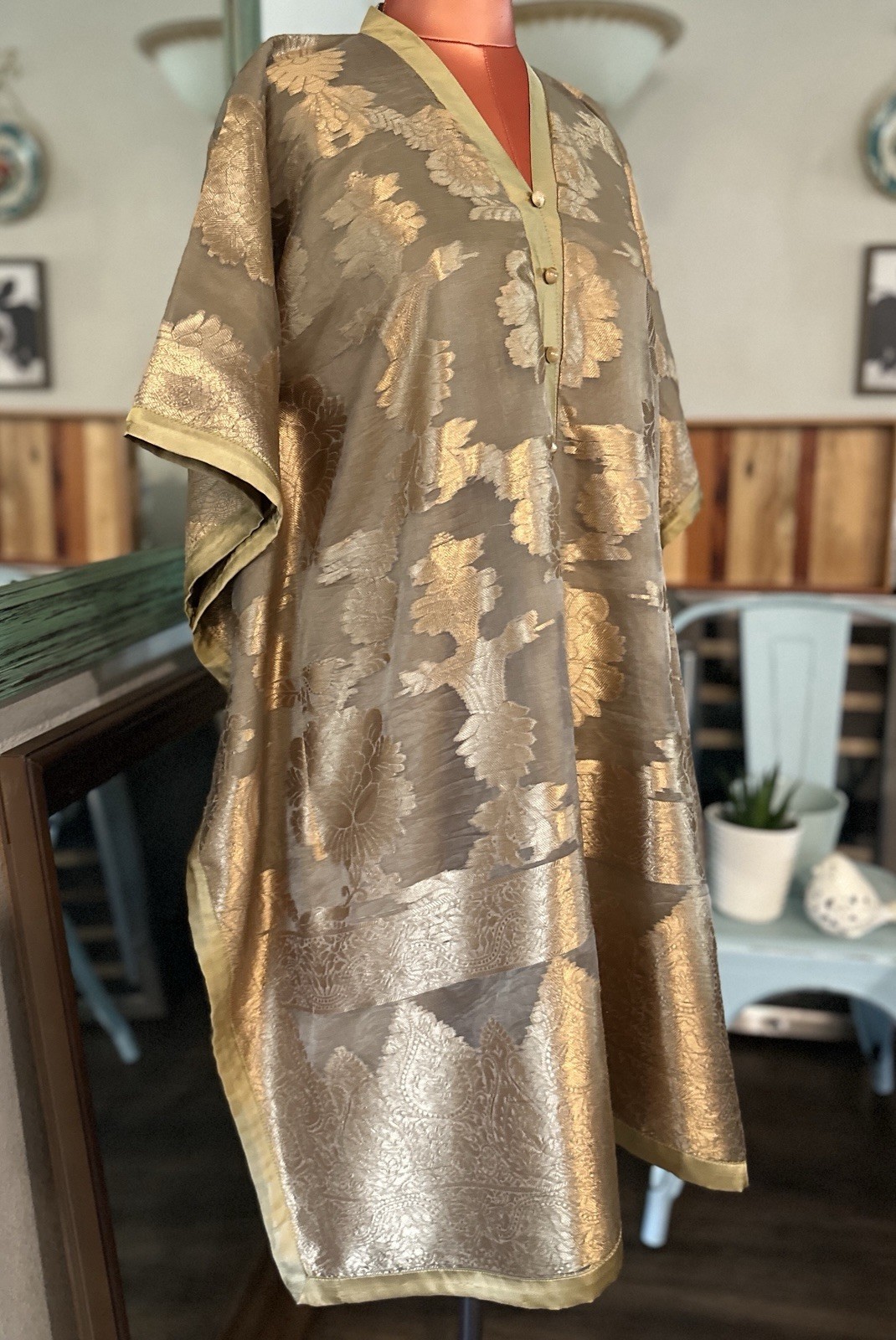 Gold & Beige Floral Pakistani kaftan Tunic Top with Button Neckline