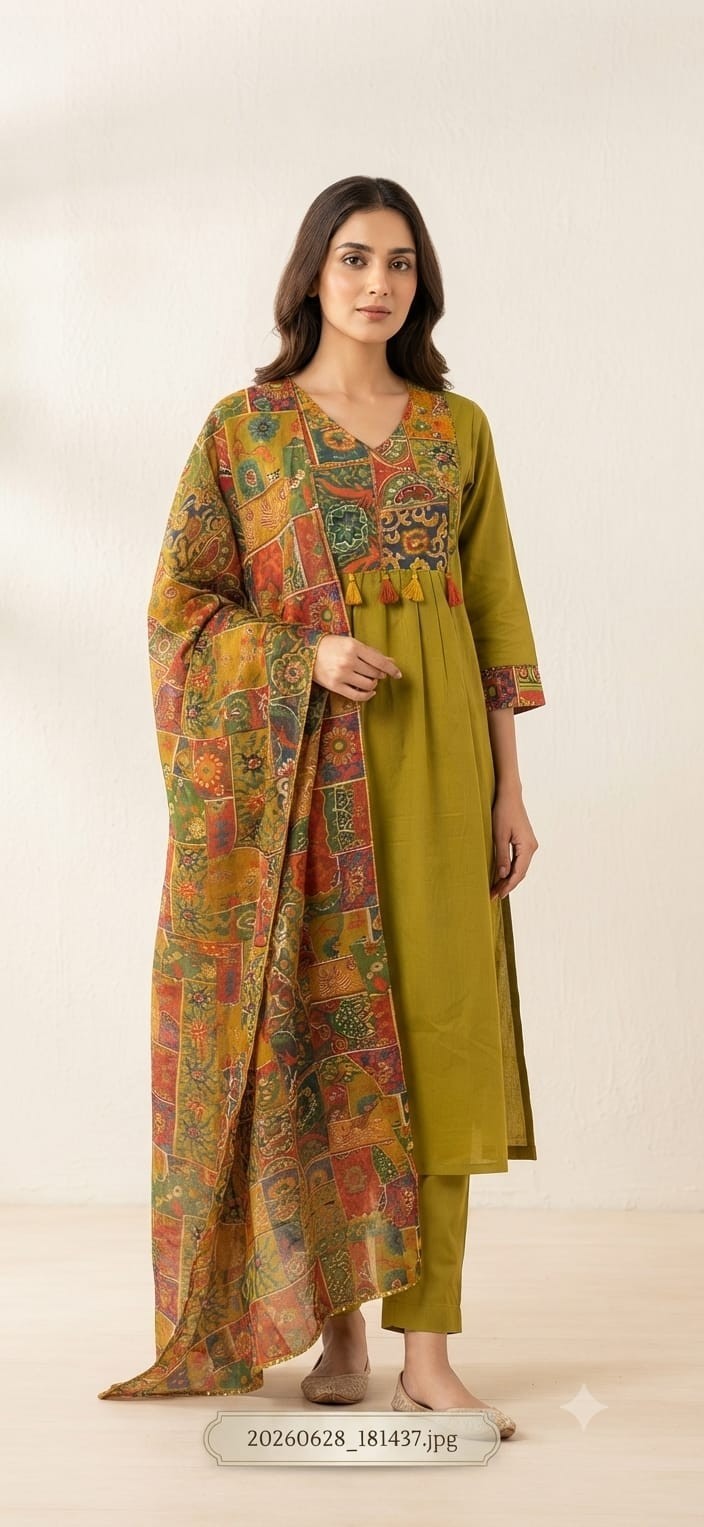 Olive Green Cotton Kurta Pant Dupatta Set for Women | Printed Yoke Ethnic Suit