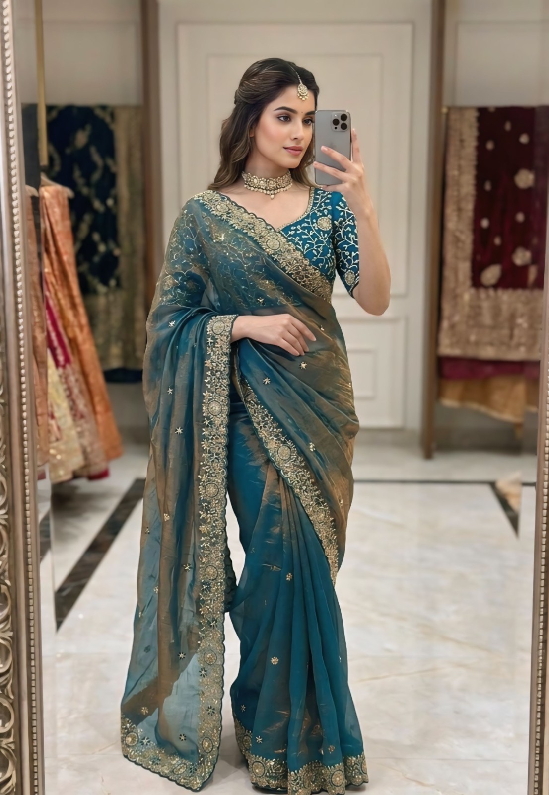 Designer Party Wear Sari Women Blue Ethnic Saree With Heavy Embroidered Blouse