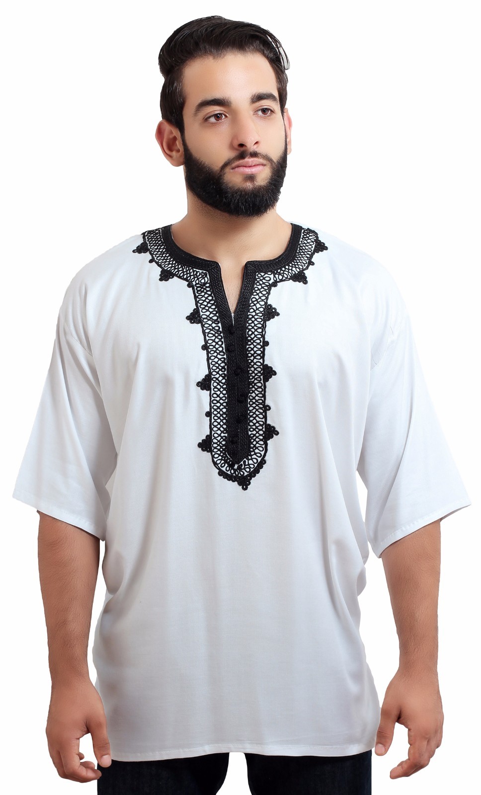 Moroccan Men Tunic Shirt Cafan Casual Handmade Embroidered Cotton Large White