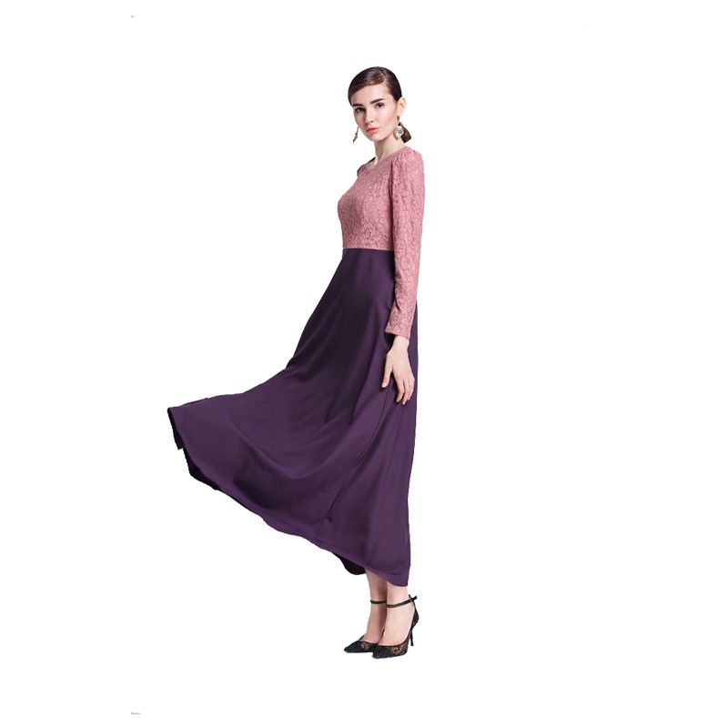 Women’s Round Neck Lace Long Sleeves Evening Dress A-Line Formal Party Gown Robe