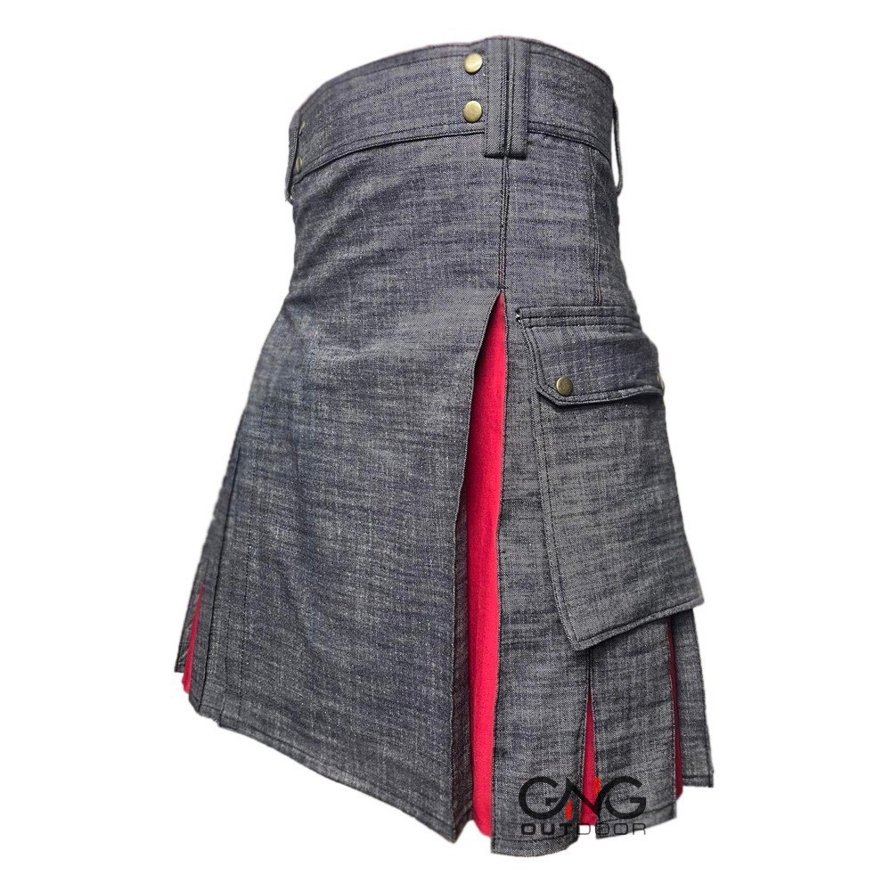 Men’s Black Denim Red Pleat Scottish Fashion Utility kilt Sports kilt Size 28-62