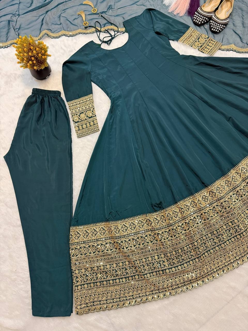 New Launching Natural Crep Silk Green Gown Bottom With Dupatta For Wedding