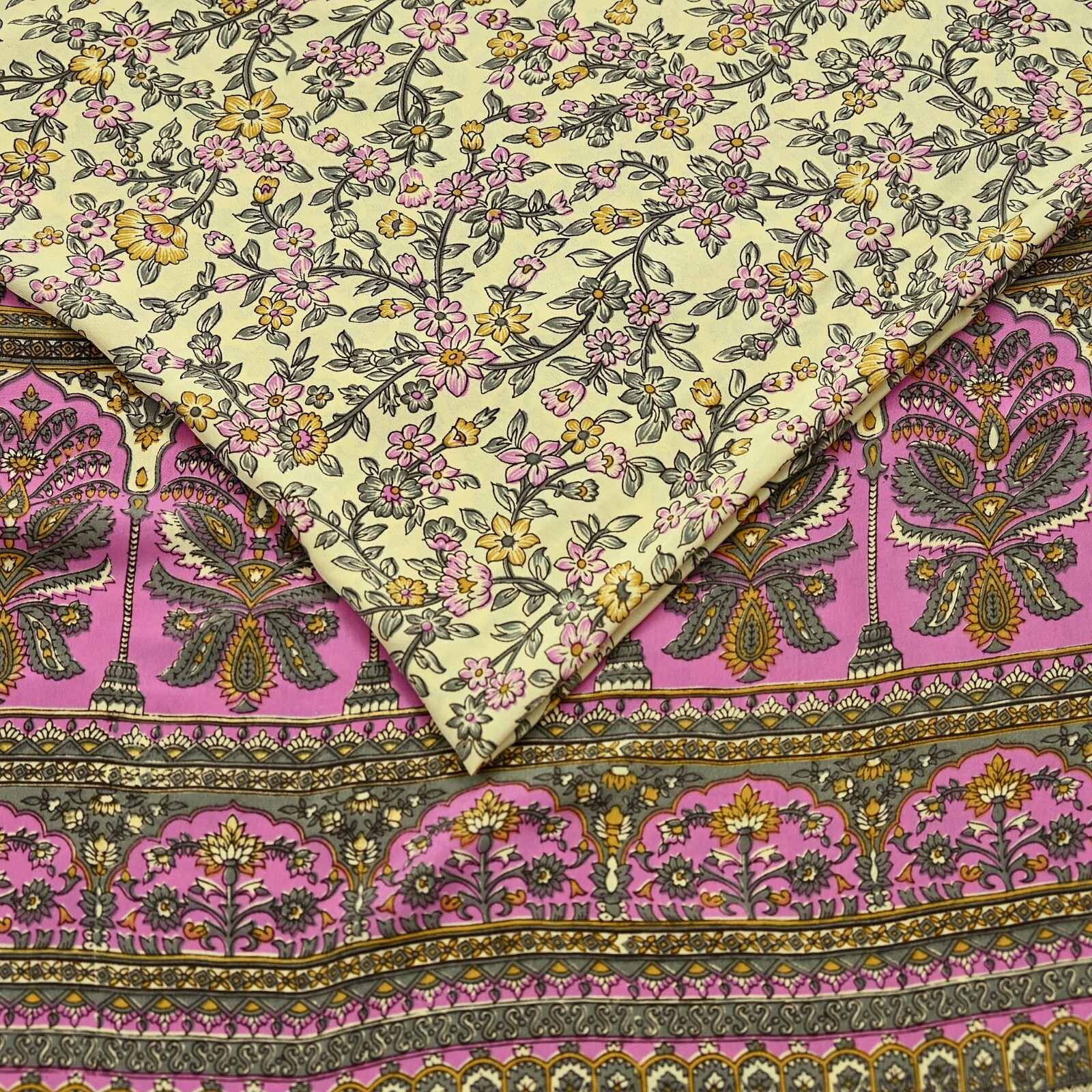 Vintage Sari Ivory & Pink Moss Crepe Printed Sarees 5yd Craft Fabric Sewing Soft