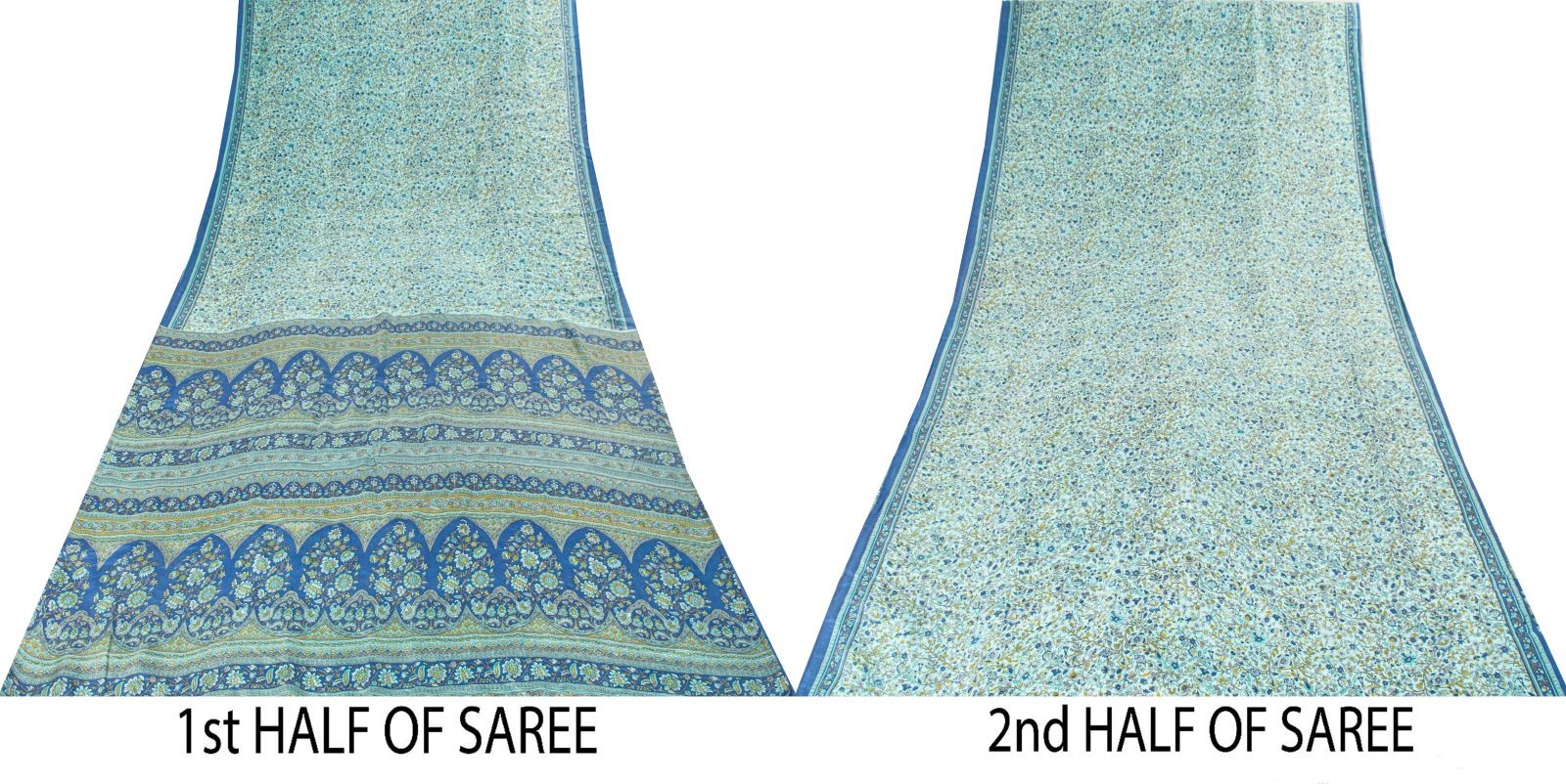 Sanskriti Vintage Saree Blue Soft 100% Pure Silk Floral Print Sari 5.5+Yd Fabric