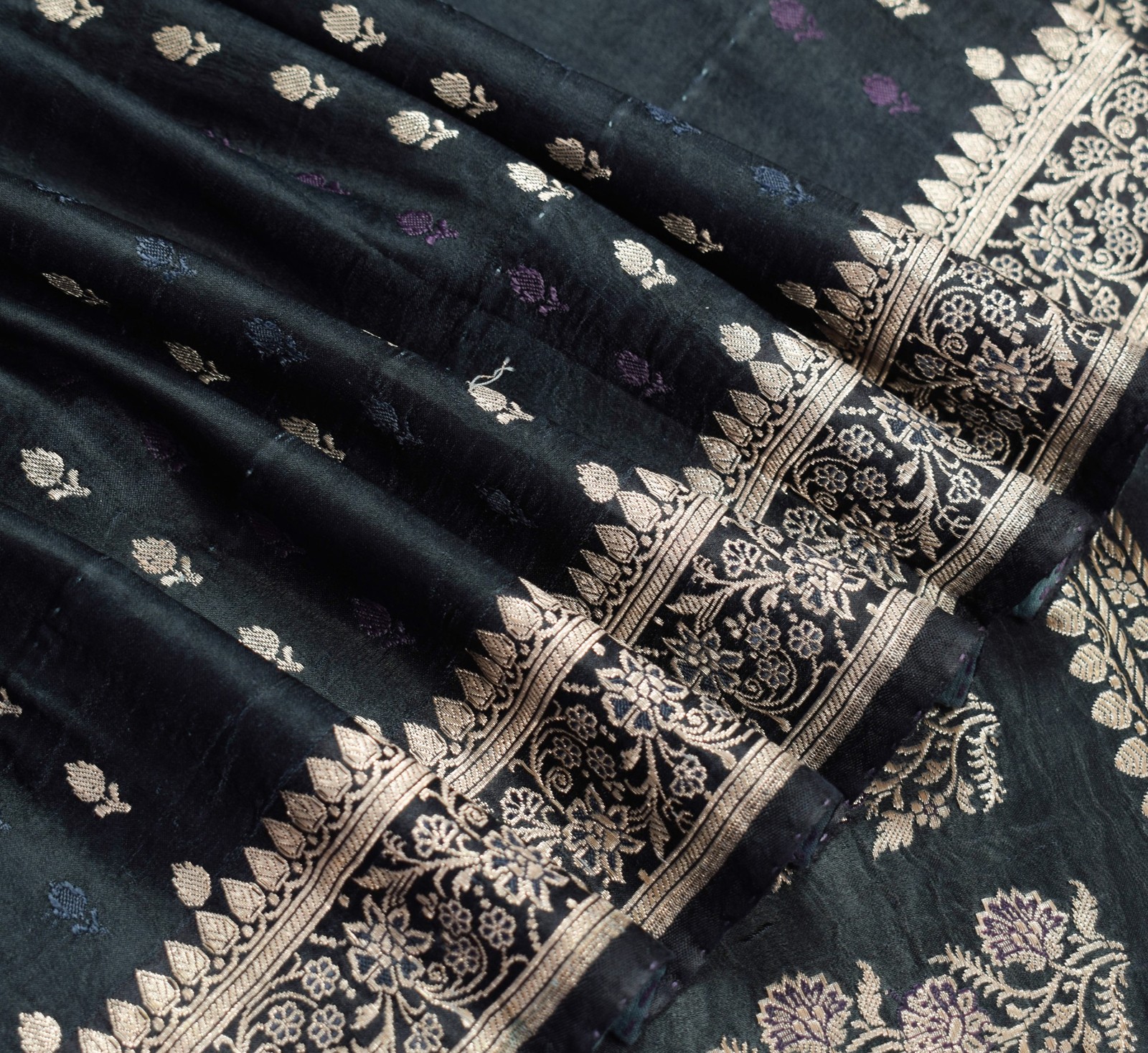 Sushila Vintage Heavy Saree Pure Satin Silk Banarasi Brocade Premium Black Sari