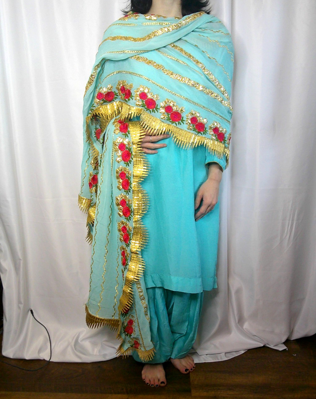 Light Blue aqua Golden Embroidered Indian Shalwar Kameez 3 Piece Set