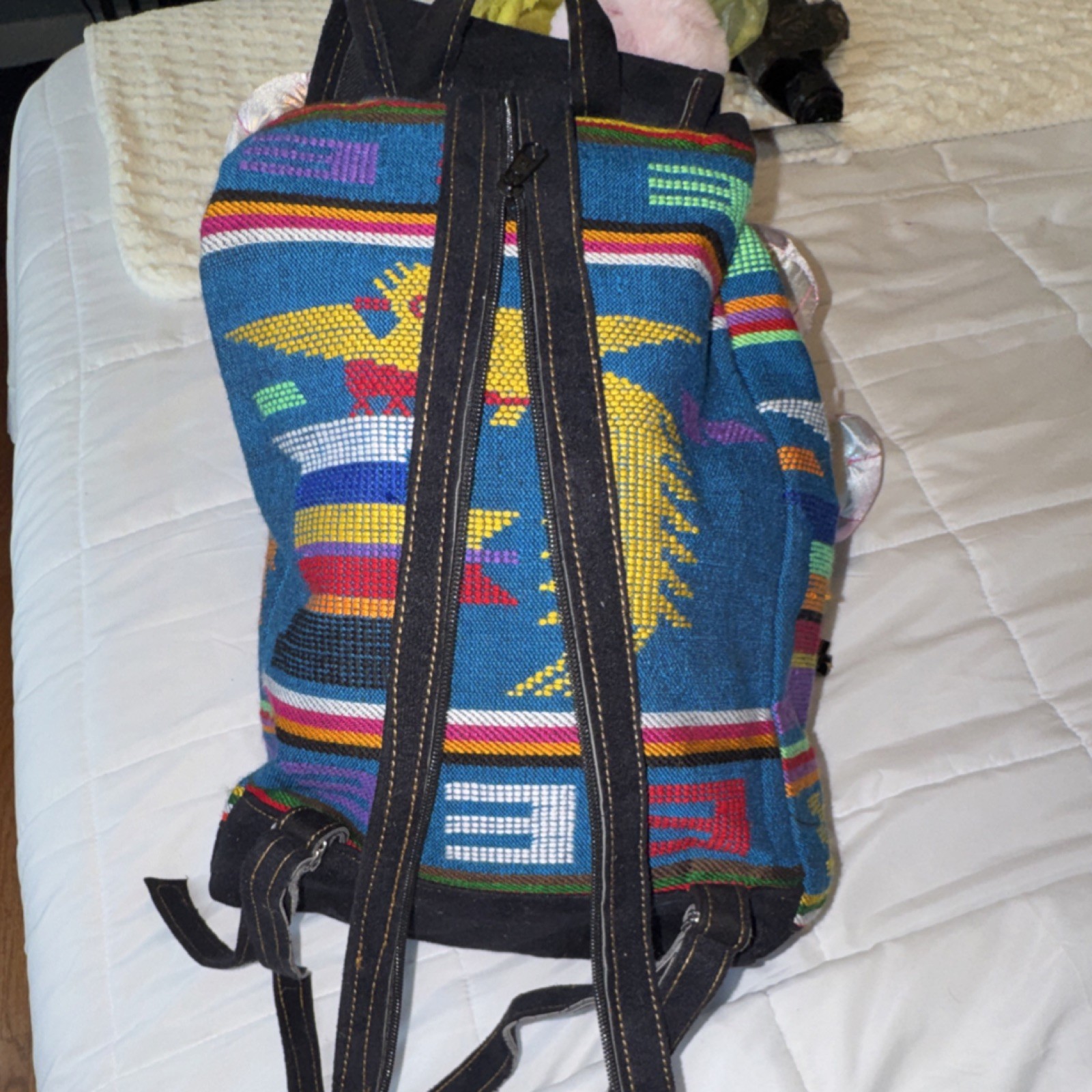 Handmade Cotton Latin American Blue Multicolor Bird Motif Textile Backpack