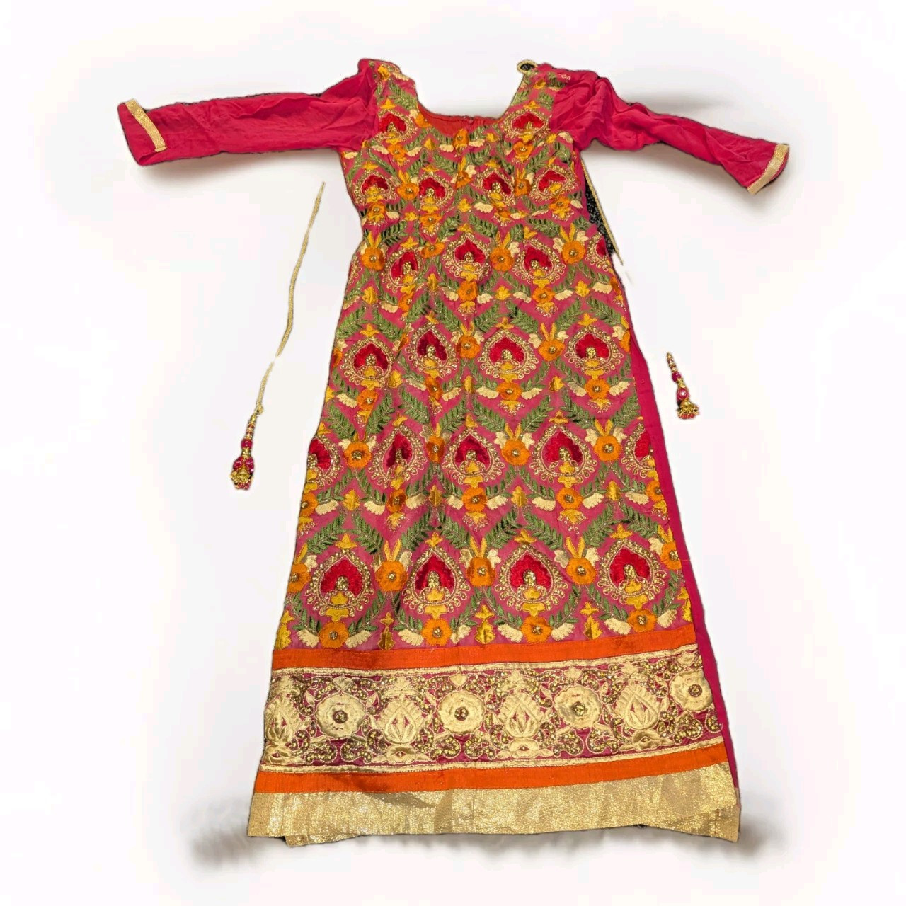 Pink Gold Orange Salwar Suit Handmade Embroidered Shirt Only Tassle Closure