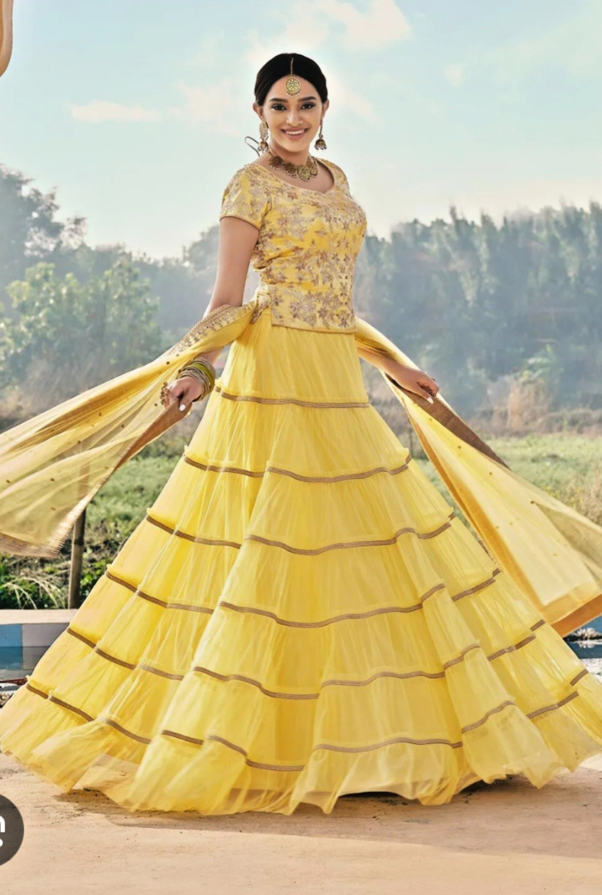 Georgette Tiered Lehenga in Yellow, small size, perfect for Indian celebrations