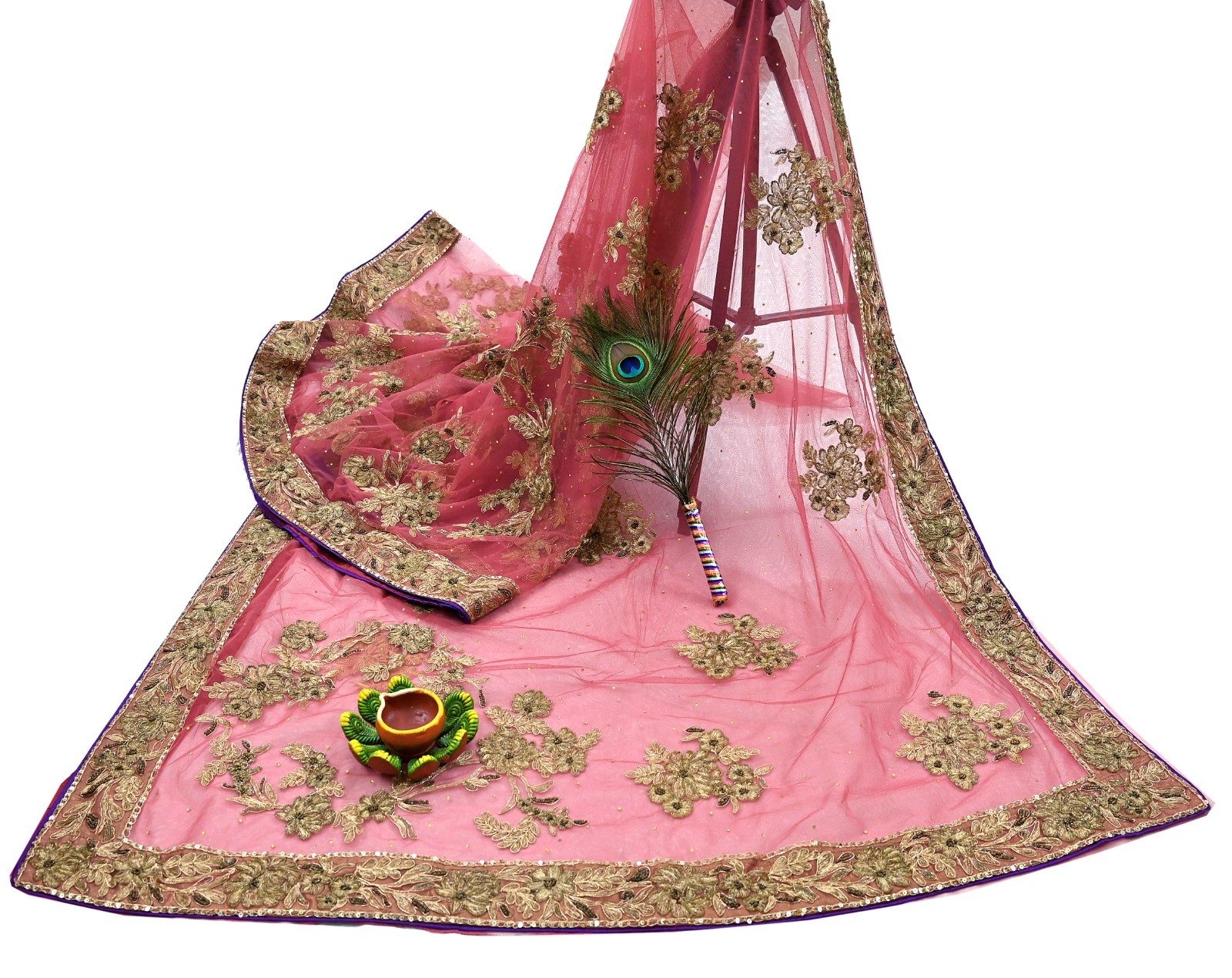 Indian Vintage Heavy Sari Pink Net/Mesh Hand Embroidered Sarees Craft Fabric 6Yd