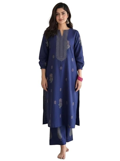 Women Plus Size Blue Rayon Kurta & Palazzo, Printed Office Wear Ladies New Dress