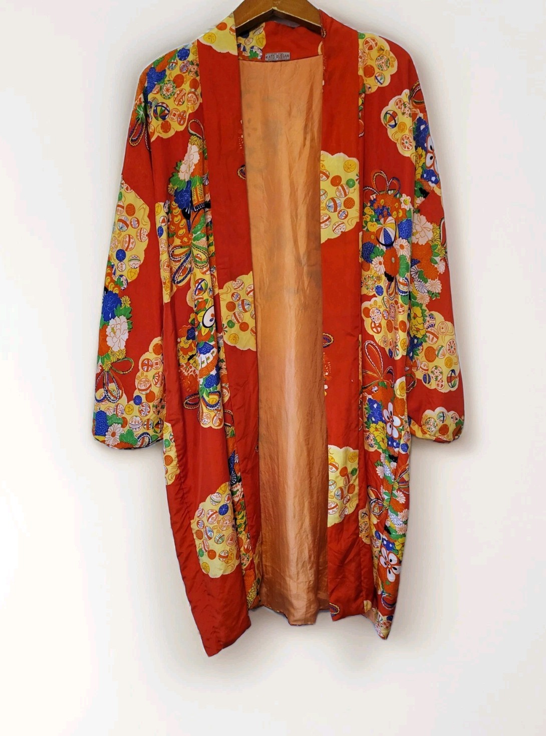 Vintage Kimono Robe Kato Bussan Pure Silk Red Festive Long Gown Special Service