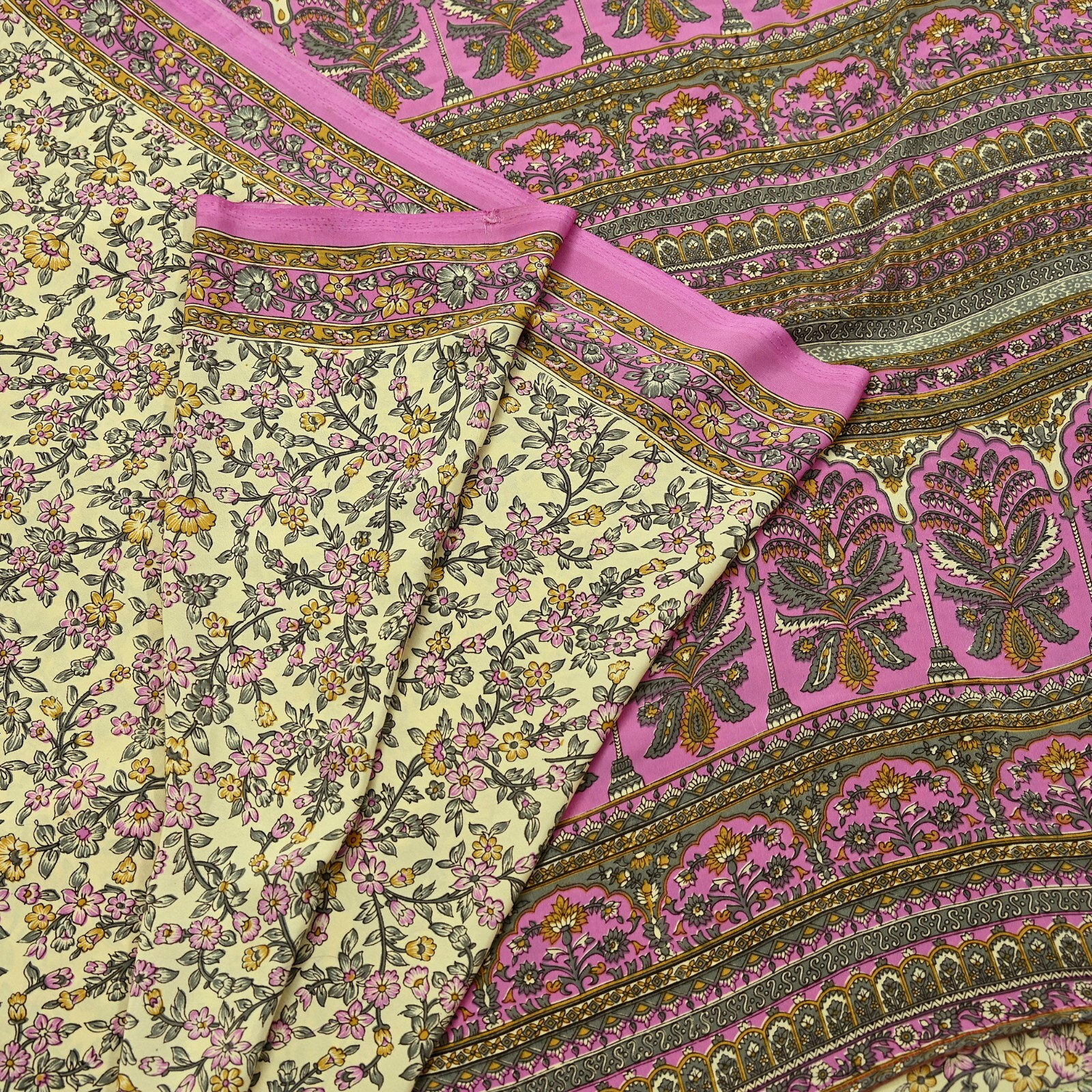 Vintage Sari Ivory & Pink Moss Crepe Printed Sarees 5yd Craft Fabric Sewing Soft