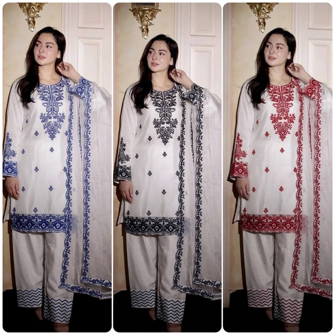 Embroidered Rayon Cotton Kurti Set with Farshi Pant & Silk Dupatta