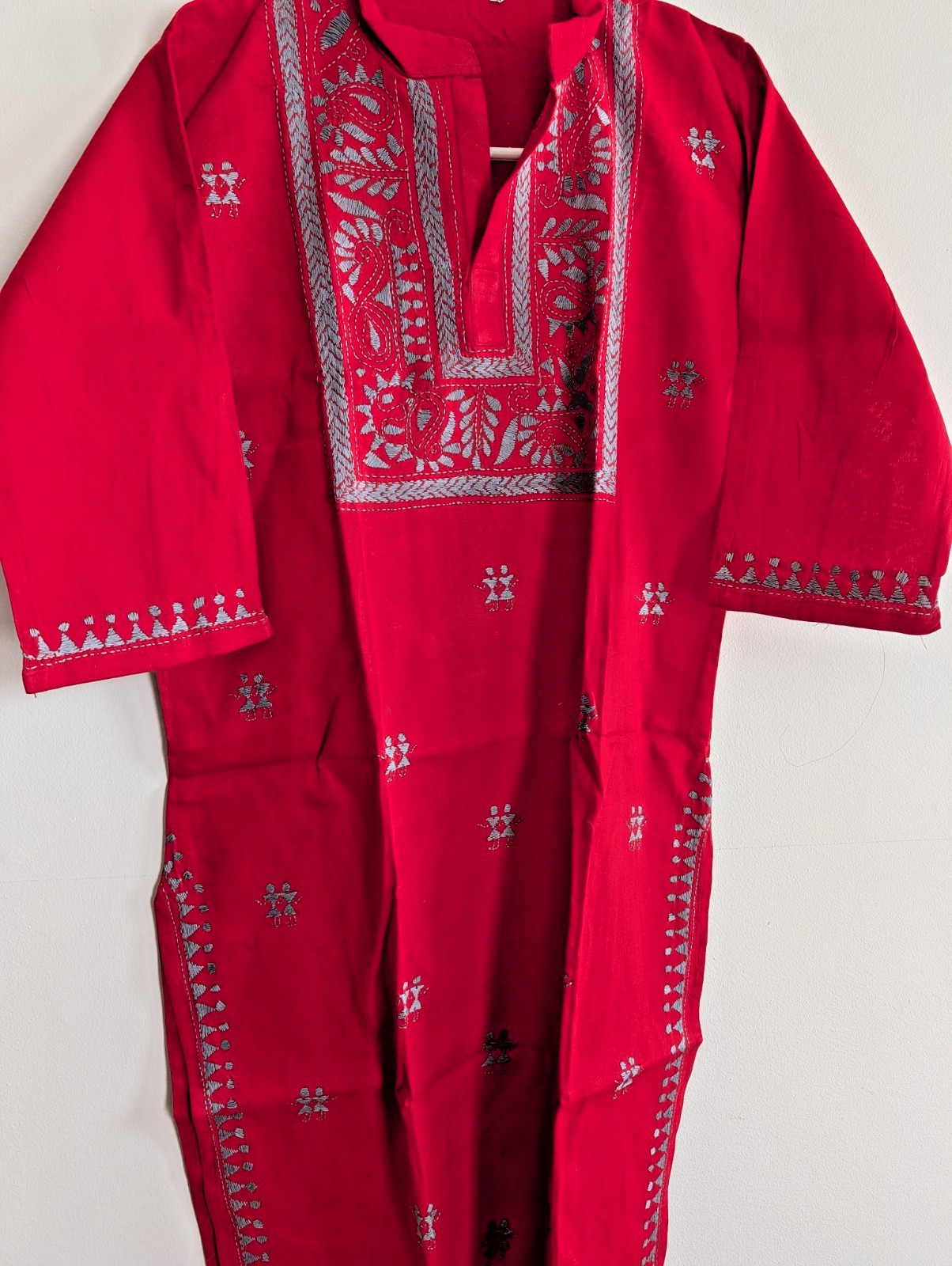 Kurta Top Tunic Cotton Embroidery Red Festive Party Wear Sz 44 37″x21″