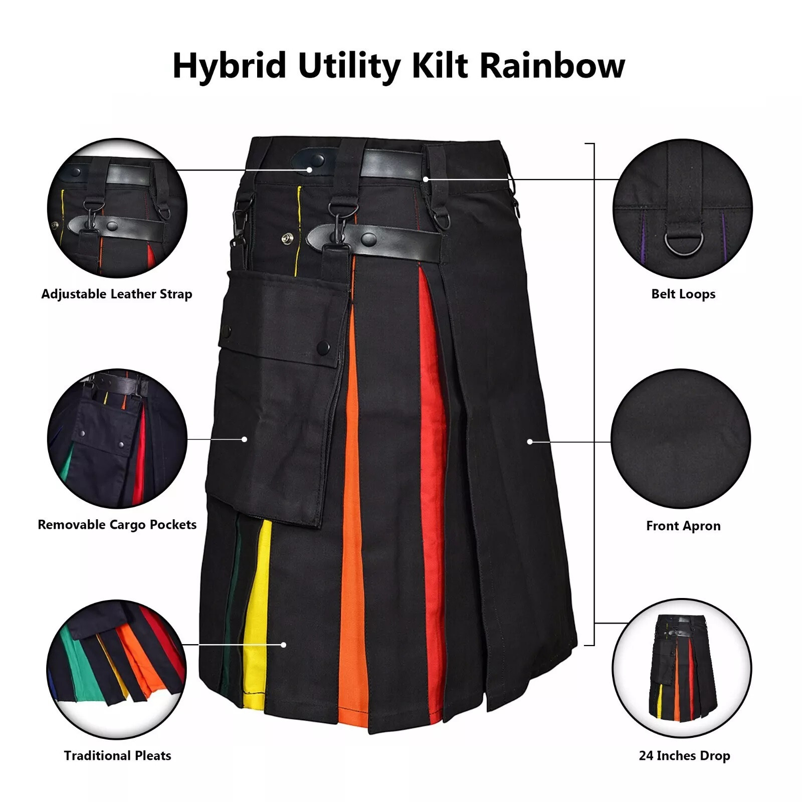 New Men’s Black Hybrid Utility Kilt with Rainbow Pleats and Detachable Pockets