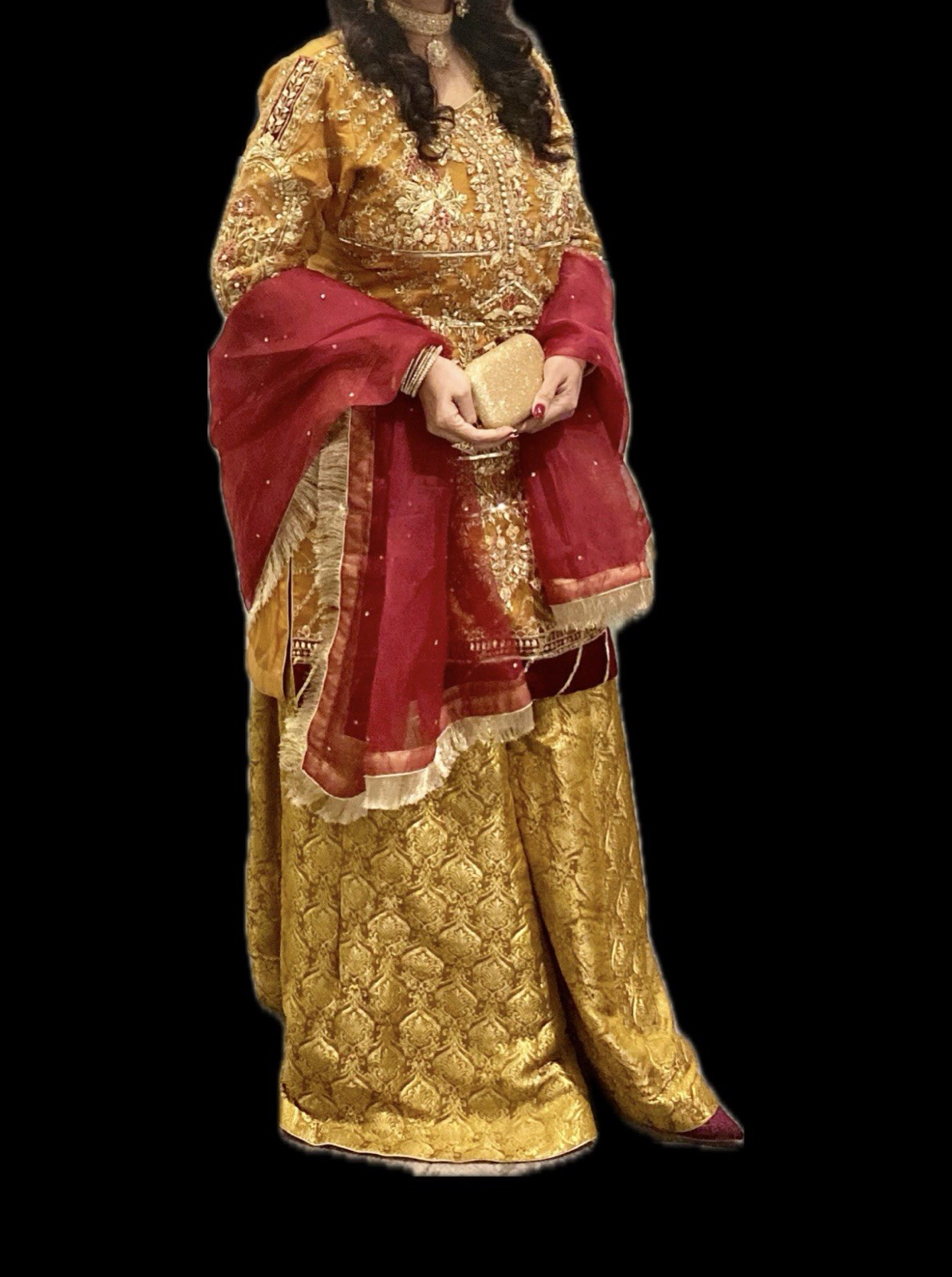 Women’s Gold Embroidered Net Salwar Kameez Suit Set with Dupatta Size M