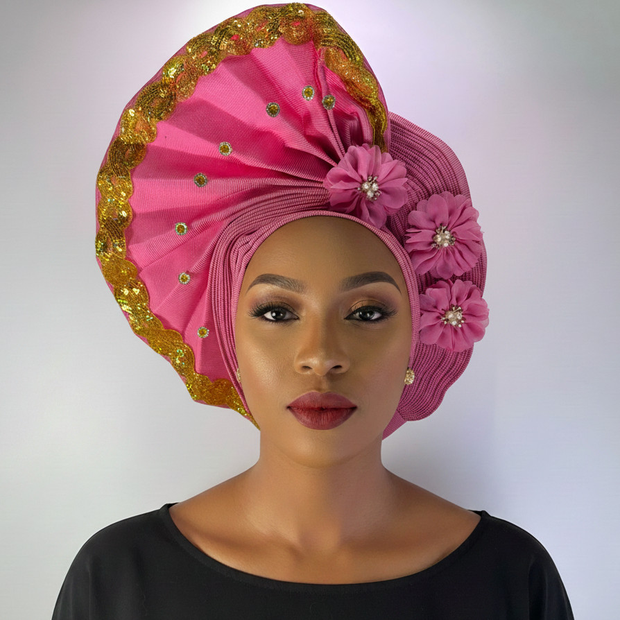 African Gele Fabric Turban Headtie Made Aso-Oke Auto Gele Beaded Head Wear Hat