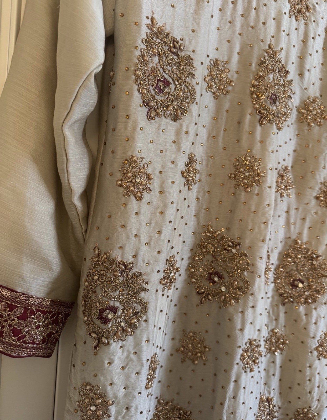 New – Heavy Embroidered Formal 3 Pcs Women’s Dress Gray Maroon Pakistani Small